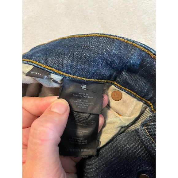 G Star Raw Jeans Men’s 36 X 38 Blue Dark Wash Straight Leg Button Fly Distressed - Picture 6 of 14